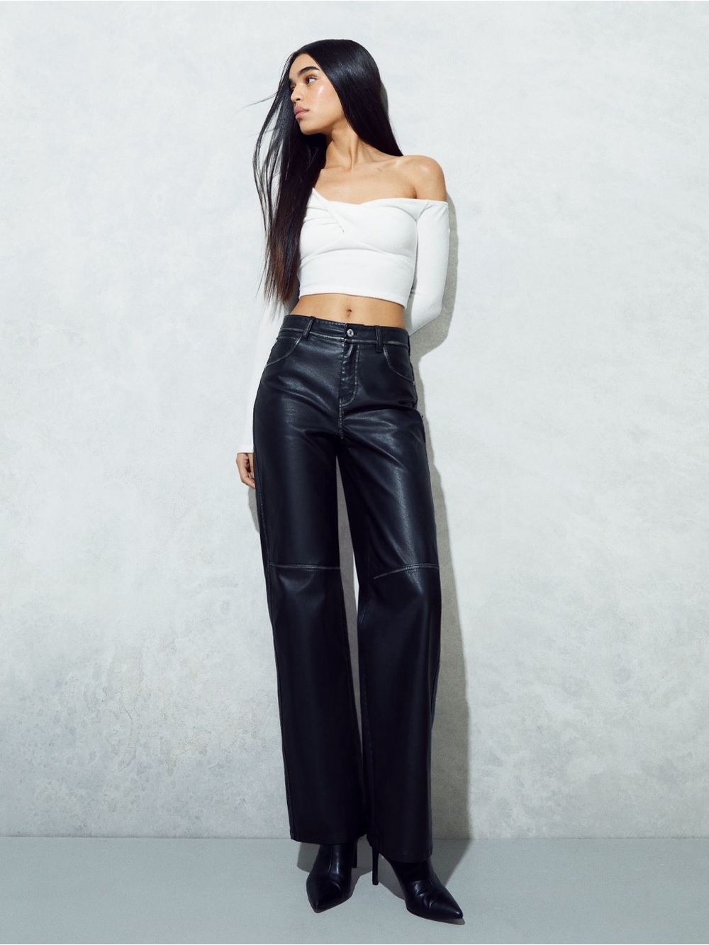 Bershka Black Wide-Leg Faux Leather Trousers